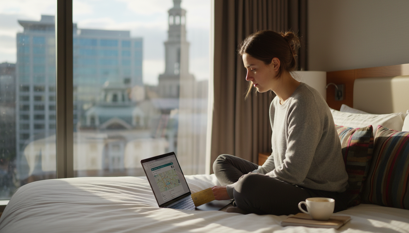 A traveler sitting on a hotel bed searching for affordable accommodation on a laptop