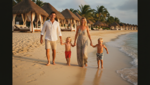 Happy family walking on the beach at the best family resort during sunset