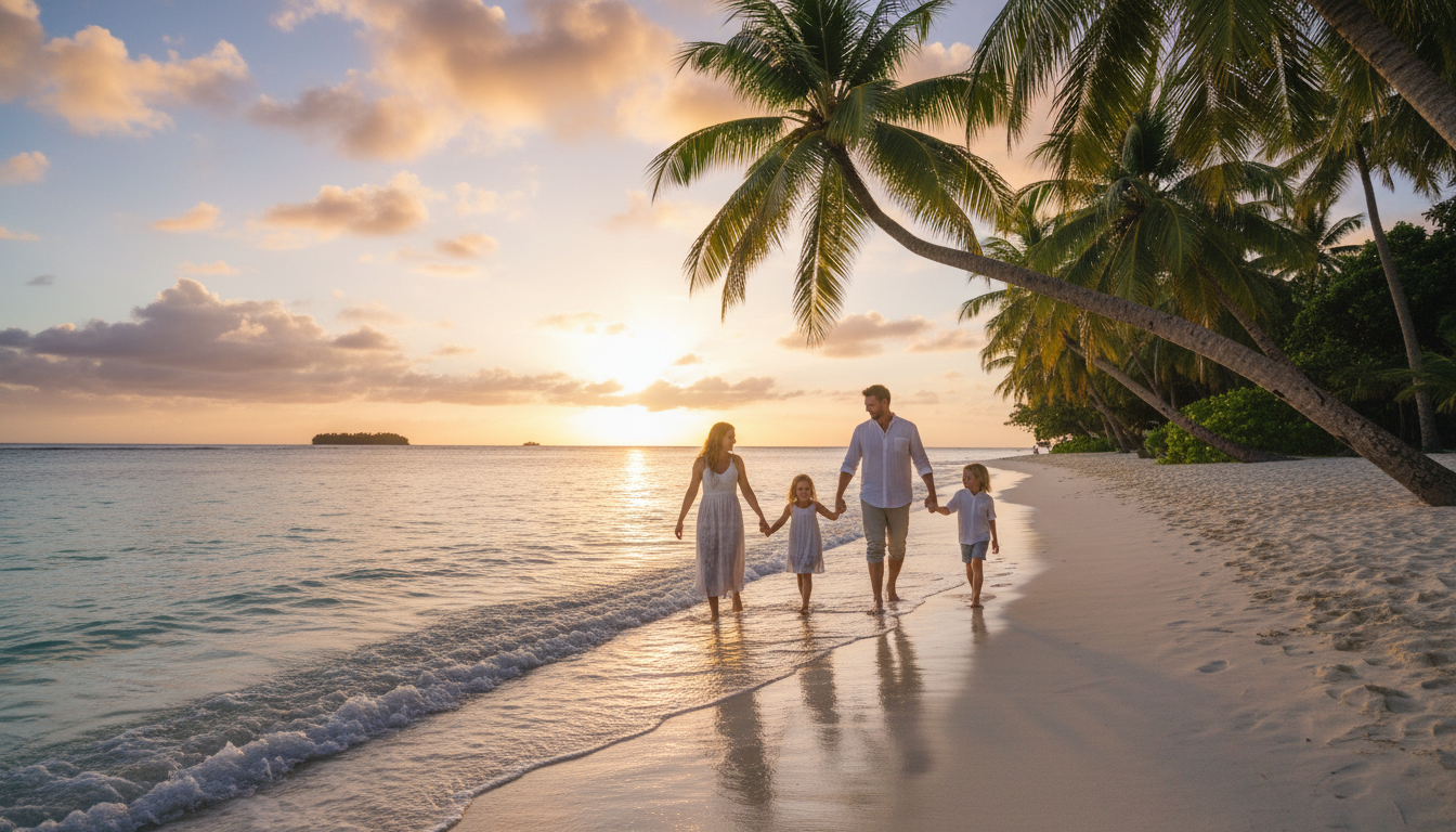 Family walking on a beautiful white sand beach at a luxury resort in Fiji during sunset