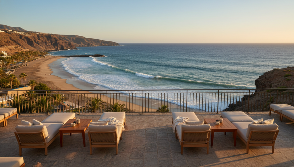 Panoramic view from a luxury balcony at one of the best beachfront hotels in Grand Canary overlooking the Atlantic
