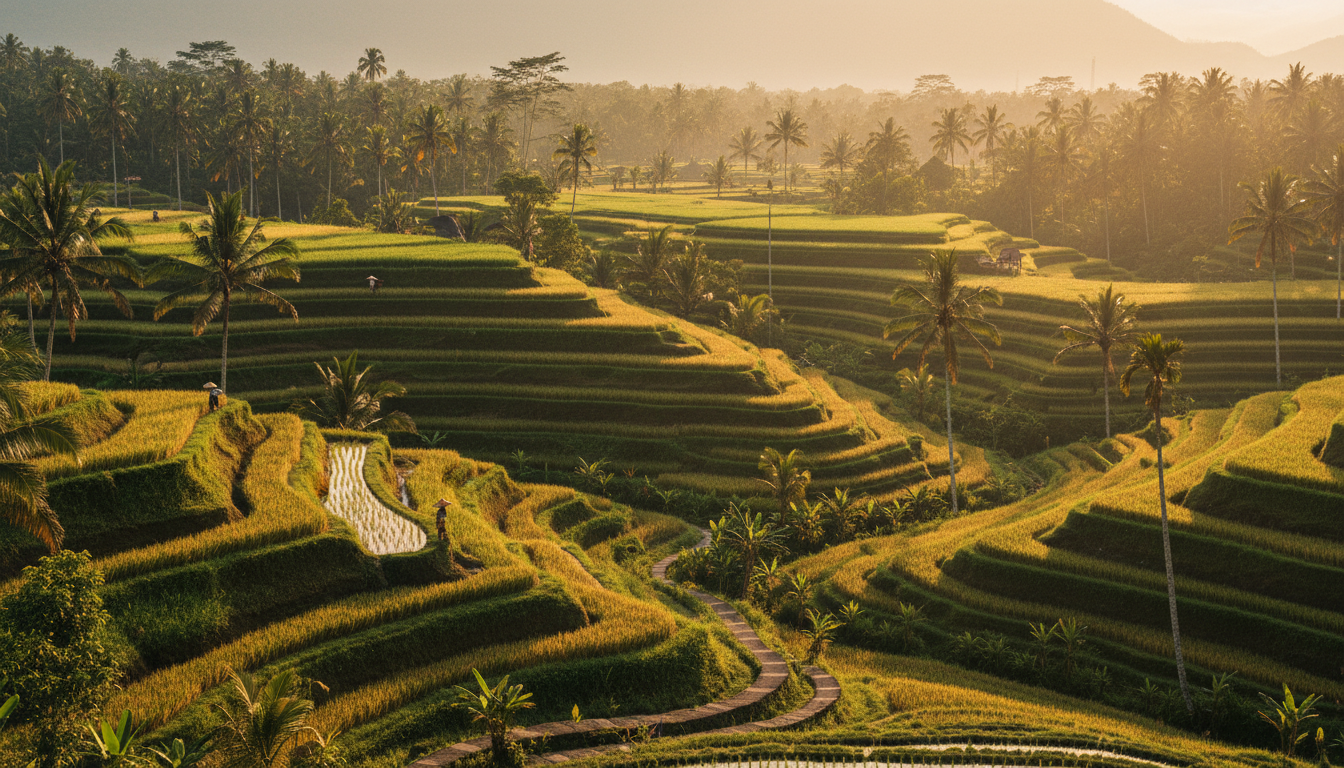 A stunning wide-angle view of the lush green Tegallalang Rice Terraces in Bali during golden hour.