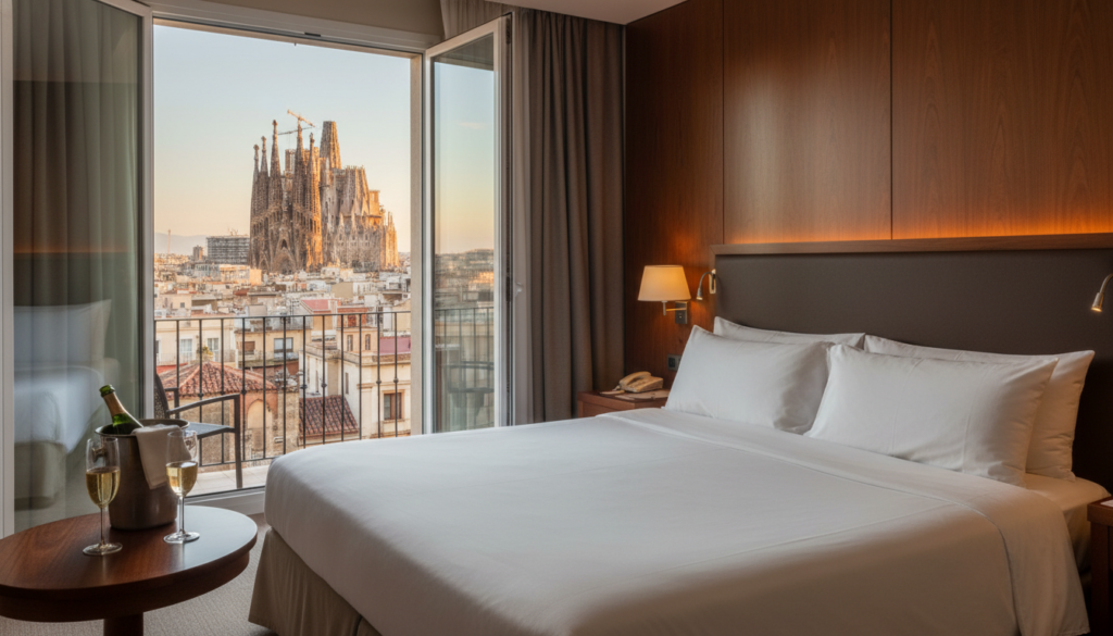 View of the Sagrada Familia from a luxurious hotel room balcony in Barcelona