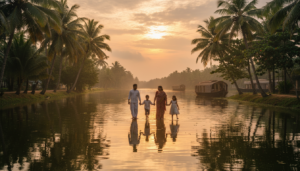 Family walking along the tranquil backwaters during a beautiful sunset in Kerala, India