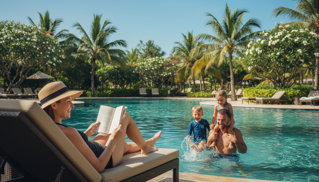 Family relaxing by a resort pool during a tropical vacation