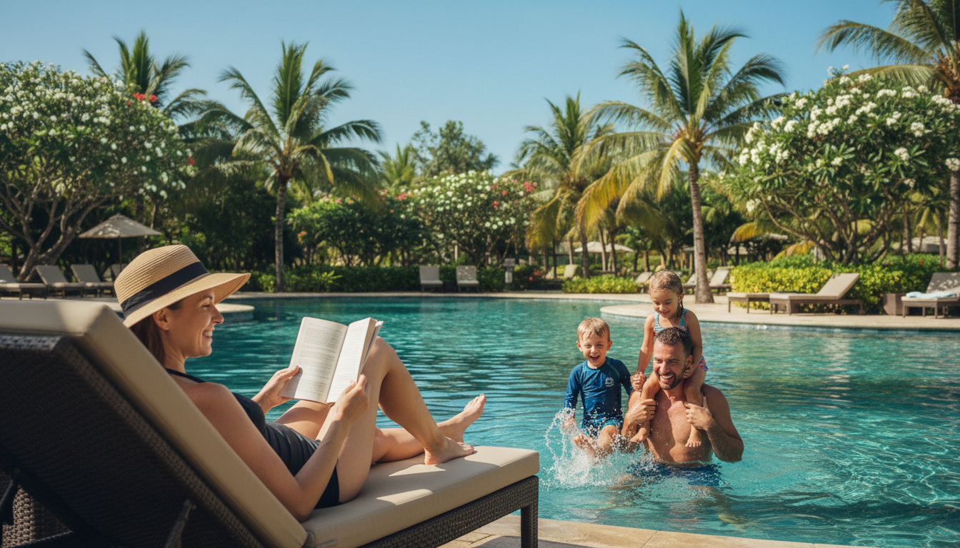 Family relaxing by a resort pool during a tropical vacation