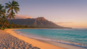 Ultimate Guide to the Best Travel Destinations 97 Breathtaking panoramic view of a Hawaiian beach with white sand and clear turquoise water at sunset