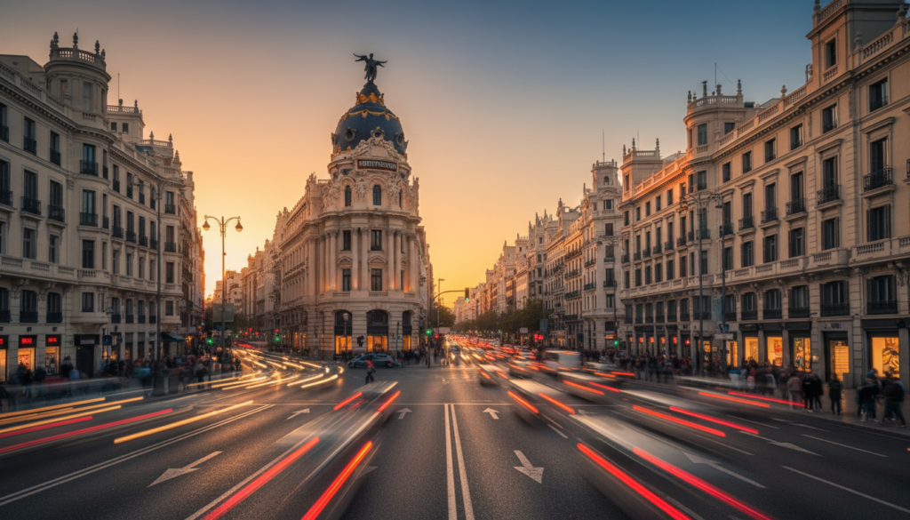 Beautiful golden hour sunset over Gran Via street in Madrid Spain