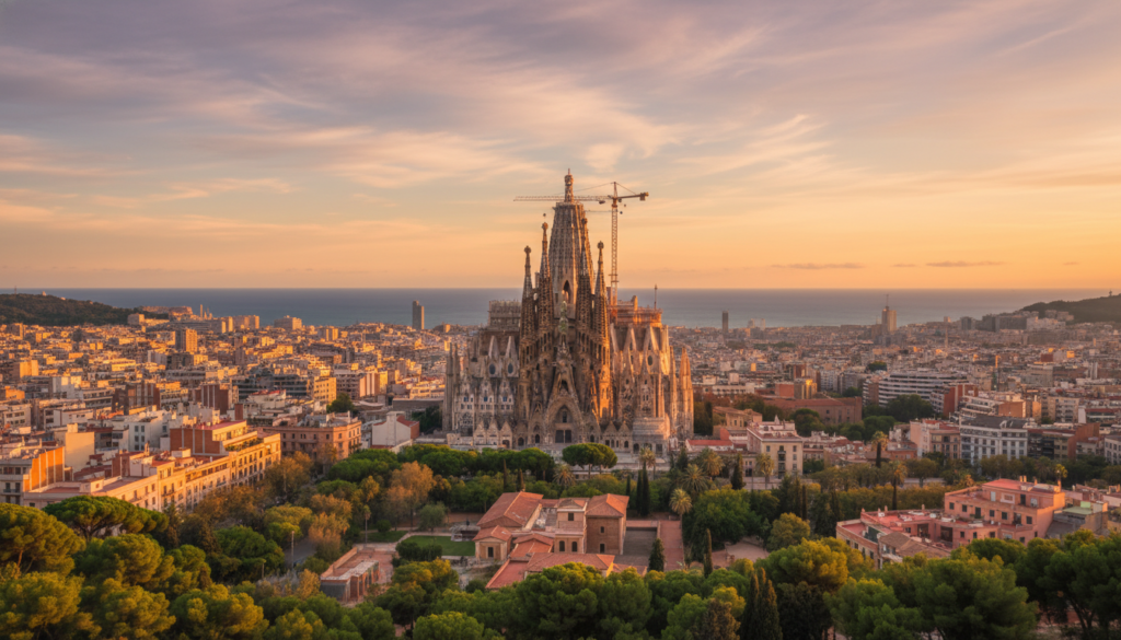 Panoramic view of the Barcelona skyline at sunset featuring the Sagrada Familia