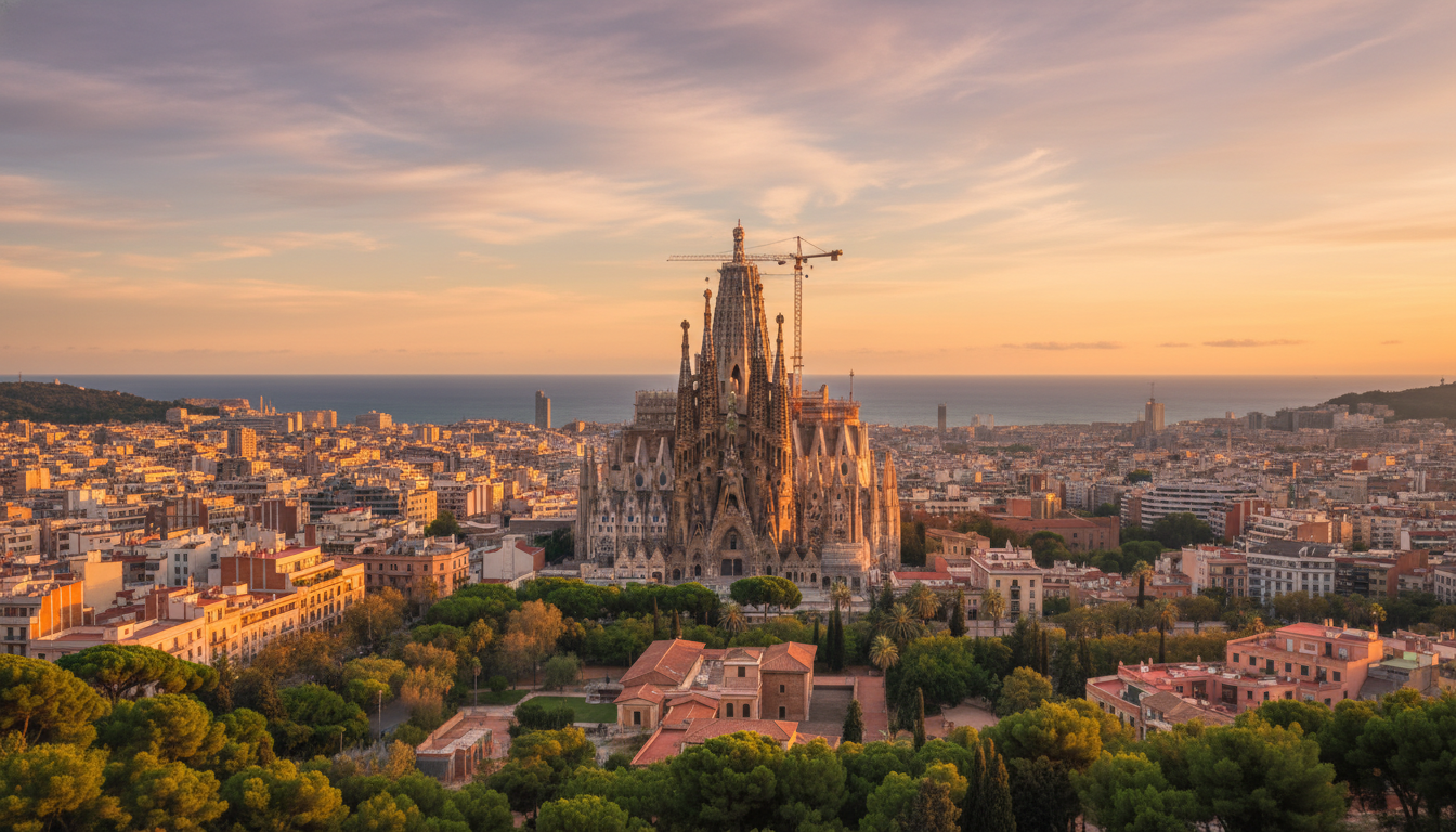 Ultimate Guide to the Best Travel Destinations 64 Panoramic view of the Barcelona skyline at sunset featuring the Sagrada Familia