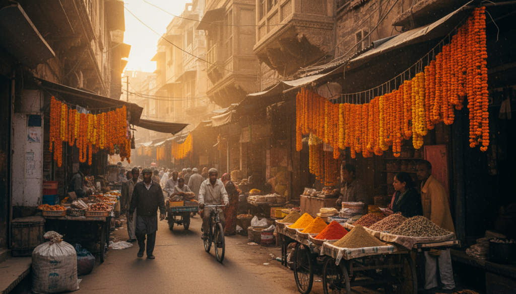 A vibrant street market in Old Delhi at dawn as part of a 7 day India itinerary