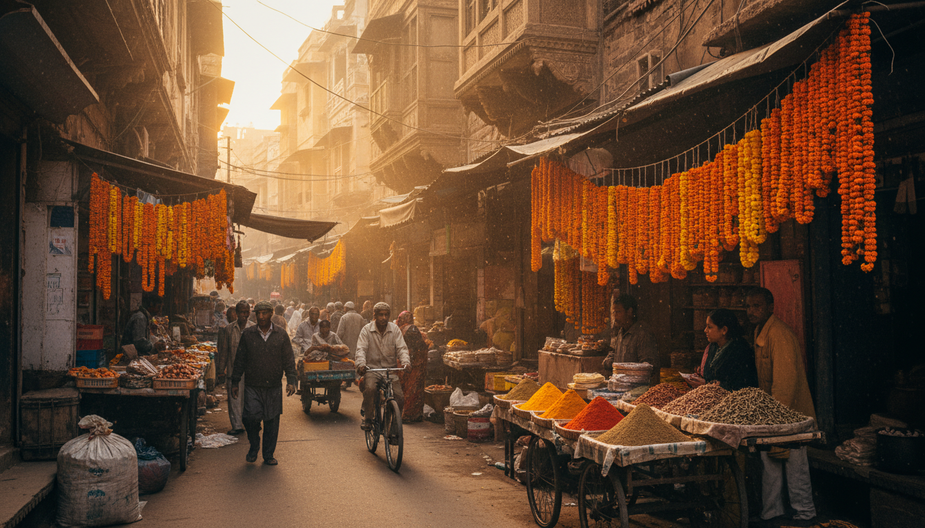 A vibrant street market in Old Delhi at dawn as part of a 7 day India itinerary