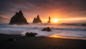 Stunning sunset over a rugged black sand beach in the Canary Islands with dramatic waves