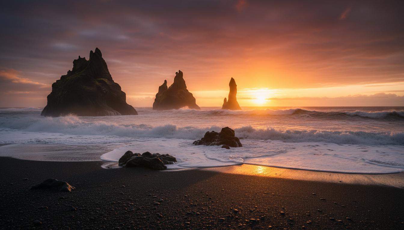 Ultimate Guide to the Best Travel Destinations 83 Stunning sunset over a rugged black sand beach in the Canary Islands with dramatic waves