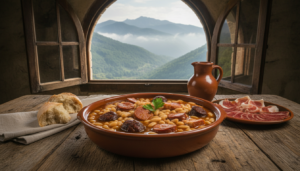 Traditional Cantabrian mountain stew served on a rustic wooden table overlooking the misty Picos de Europa