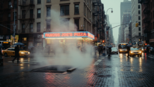 A bustling New York City street corner reflecting neon lights near a classic pizzeria, perfect for finding cheap eats in NYC.