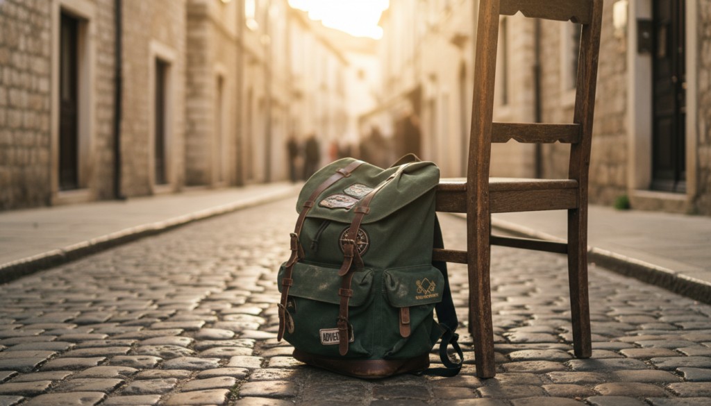 A worn travel backpack leaning against a wooden chair on a cobblestone street, representing budget backpacking.