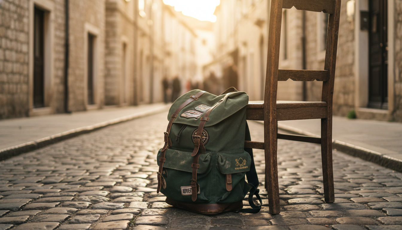 A worn travel backpack leaning against a wooden chair on a cobblestone street, representing budget backpacking.