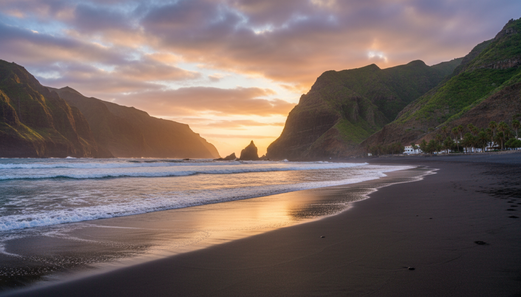 Panoramic view of Playa de Benijo, showcasing the stunning black sand and sea stacks typical of hidden beaches in Tenerife