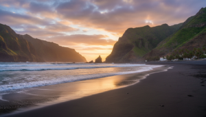 Ultimate Guide to the Best Travel Destinations 96 Panoramic view of Playa de Benijo, showcasing the stunning black sand and sea stacks typical of hidden beaches in Tenerife