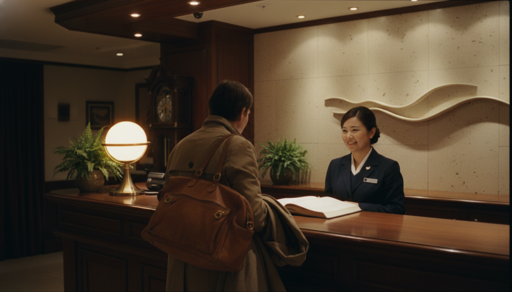 Tired traveler speaking to a receptionist at a hotel front desk late at night