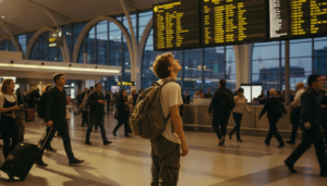 A traveler looking at an airport departure board ready for a last-minute travel adventure