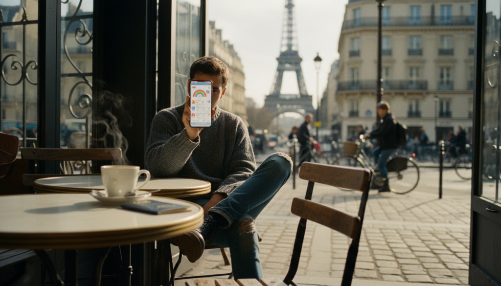 Traveler sitting at a cafe using the best travel apps on a smartphone to plan an itinerary