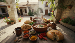 A rustic wooden table filled with authentic local dishes in a sunlit courtyard