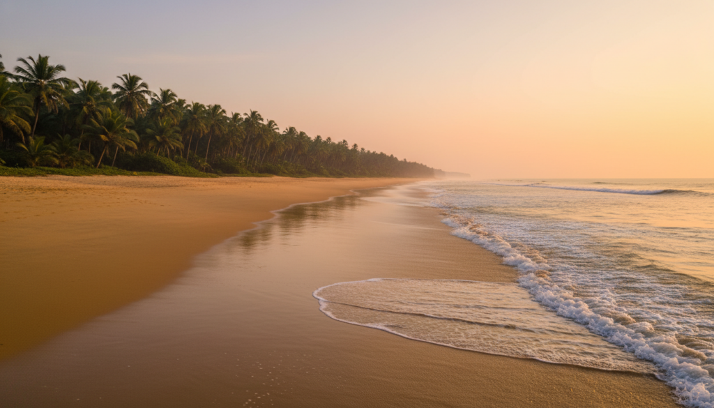 A sweeping view of one of the pristine hidden beaches in India with golden sand and palm trees at sunrise.