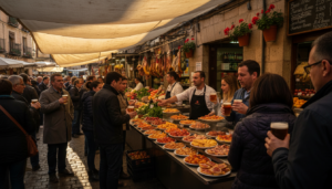 Ultimate Guide to the Best Travel Destinations 101 A vibrant Spanish street food market with locals enjoying tapas