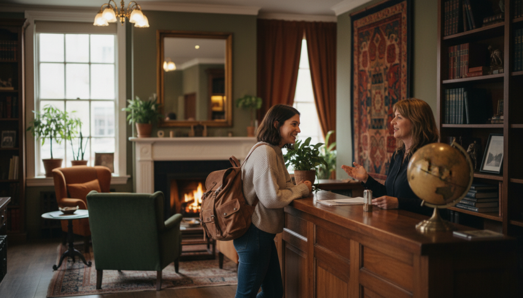 Traveler successfully negotiating hotel rates at a boutique front desk