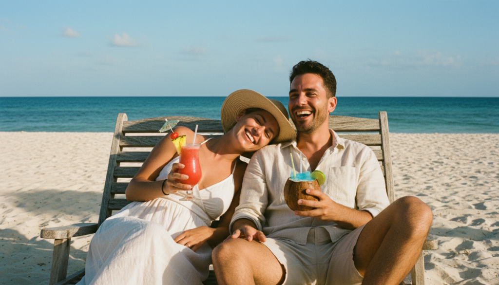 Couple relaxing on a sunny beach at an all-inclusive resort