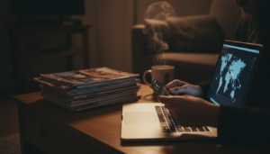 Ultimate Guide to the Best Travel Destinations 110 Person holding a credit card over a laptop keyboard while planning a trip at night