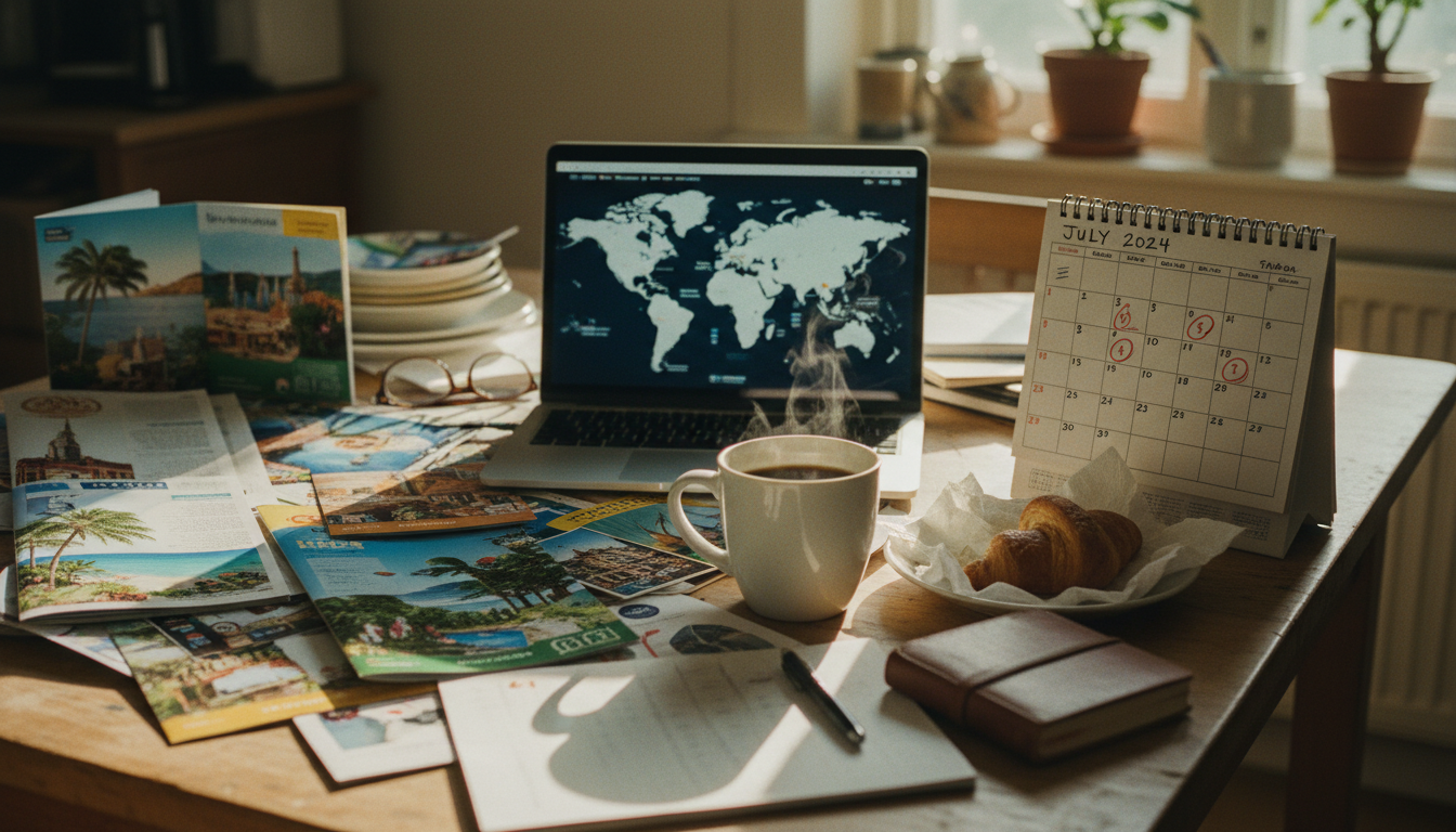 A kitchen table covered in travel brochures and calendars showing a family vacation planning timeline