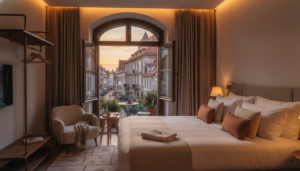 A beautiful boutique hotel room with white linens overlooking a historic European city at sunset