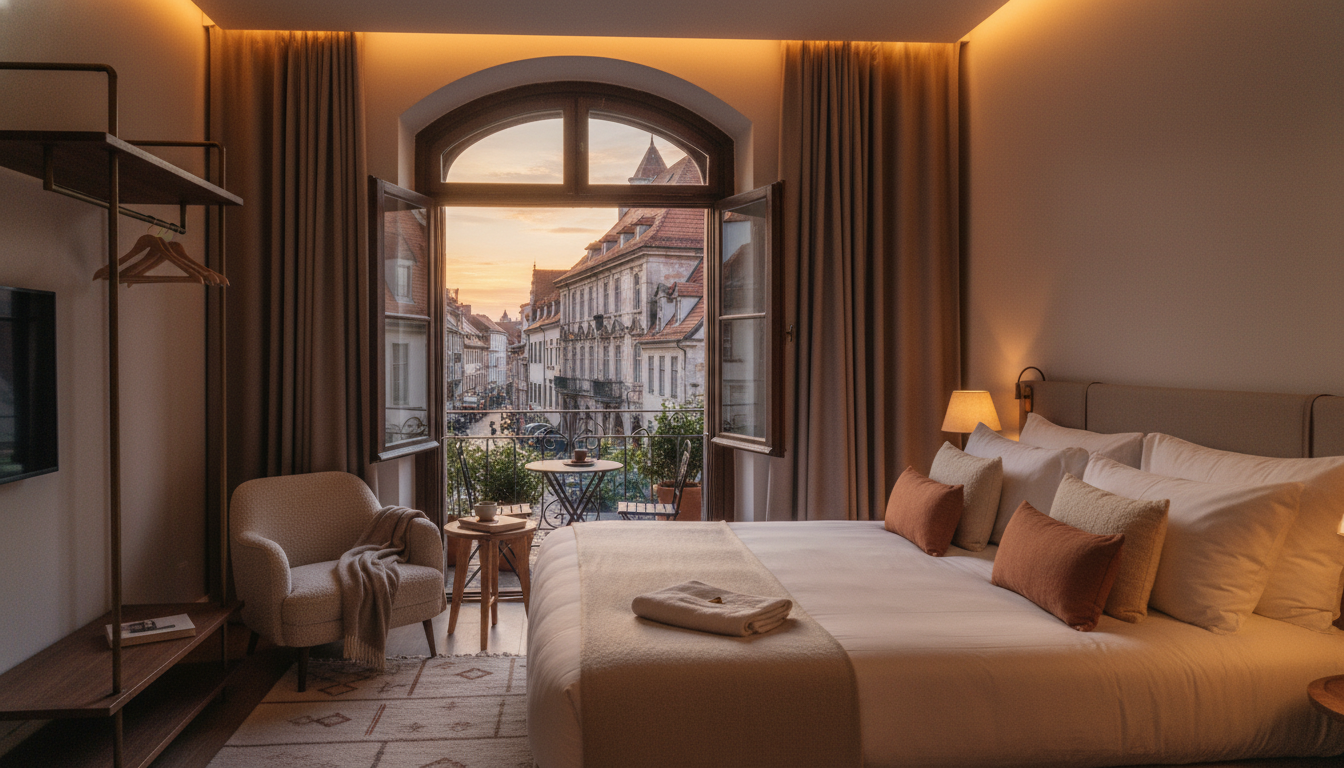A beautiful boutique hotel room with white linens overlooking a historic European city at sunset
