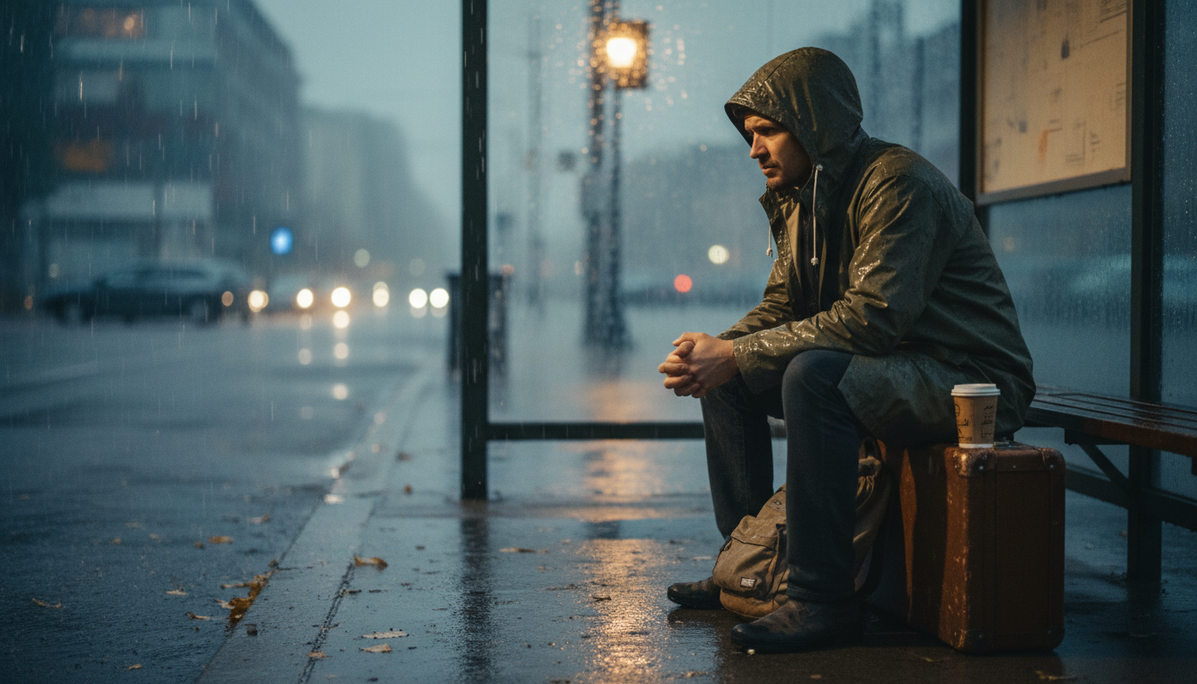 Ultimate Guide to the Best Travel Destinations 86 A frustrated traveler sitting on a suitcase in the rain dealing with a bad vacation