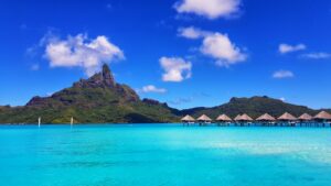 Bora Bora lagoon with Mount Otemanu and overwater bungalows in French Polynesia