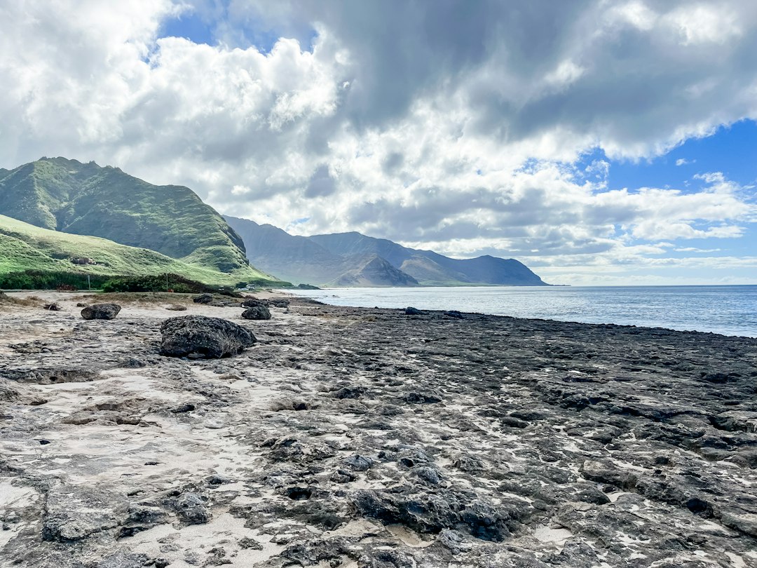 Rugged Hawaiian coastline with green mountains and the Pacific Ocean
