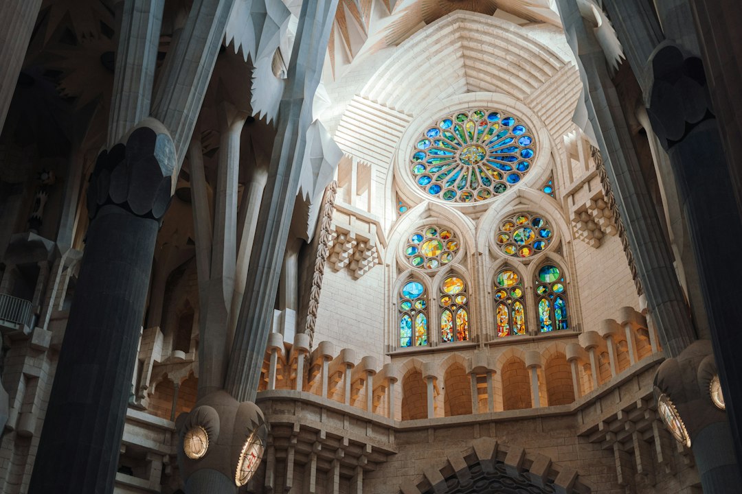 Interior of the Sagrada Família in Barcelona with colorful stained glass